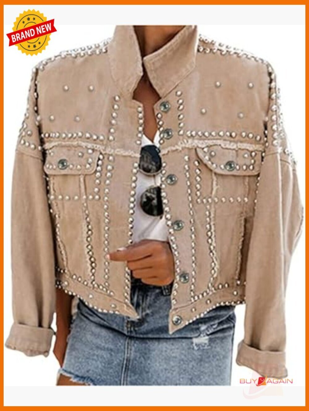 Dressy Rivet Studded Cropped Jean Jacket Women Western Washed Denim Coat - Picture 1 of 7
